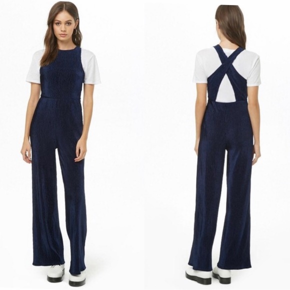 Navy Blue Velvet Jumpsuit - Picture 15 of 17